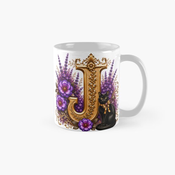 Item preview, Floral Letter J with Black Cat | Lavender Botanical Monogram | Elegant Gold Initial Design designed and sold by MoodLay.