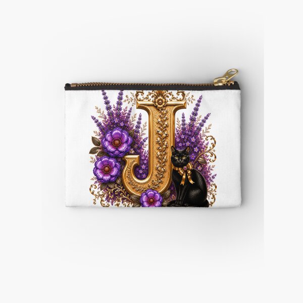 Item preview, Floral Letter J with Black Cat | Lavender Botanical Monogram | Elegant Gold Initial Design designed and sold by MoodLay.