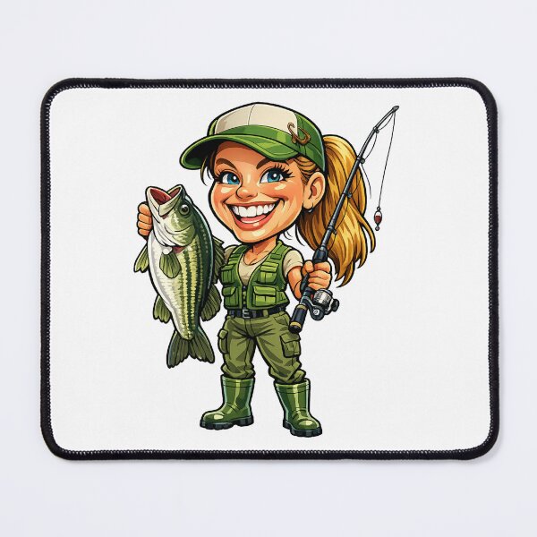 Item preview, Funny Female Fisherman Cartoon designed and sold by AlexLineArt.