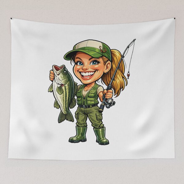 Item preview, Funny Female Fisherman Cartoon designed and sold by AlexLineArt.