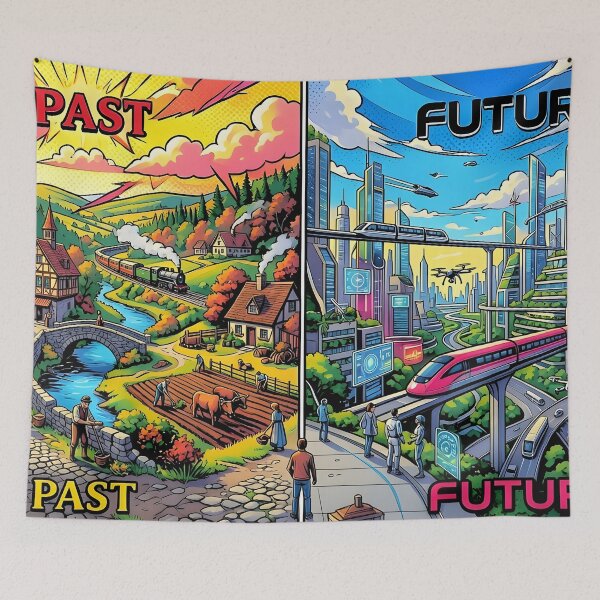 Item preview, Past vs Future Pop Art Retro Futuristic Split Scene designed and sold by Daniela`s shop.