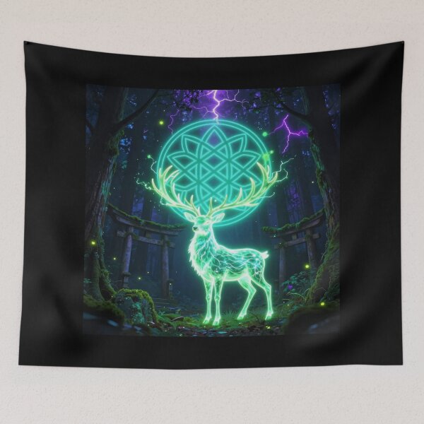 Item preview, Mystic Neon Stag – Sacred Forest Spirit with Glowing Geometric Symbol designed and sold by DervoTeck2767.