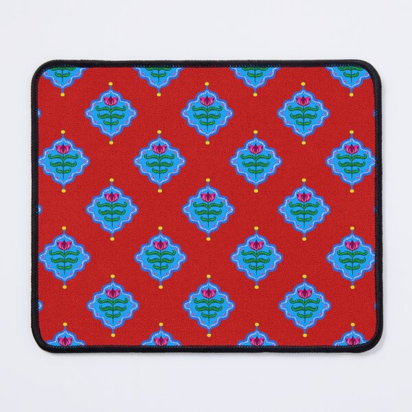 Item preview, Tiled Jaipur floral motif with red flower and blue border and seamless repeating pattern designed and sold by PCaleDesigns.