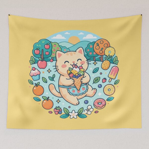 Item preview, Cute Cat Eating Ice Cream Summer Fruit Illustration designed and sold by Iampoji.
