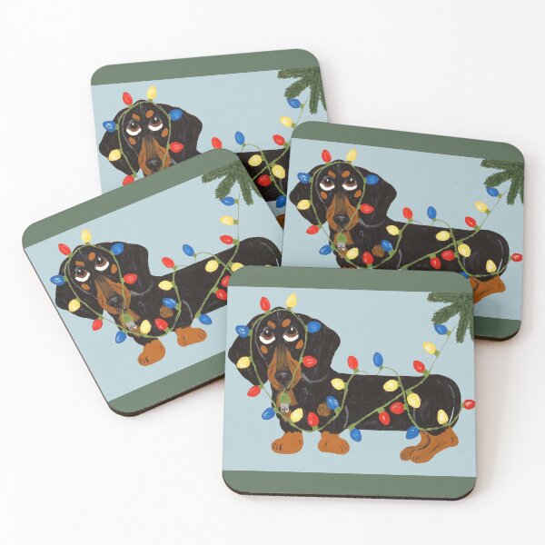 Item preview, Black and Tan Dachshund Tangled in Christmas Lights designed and sold by Squirreldumplings.