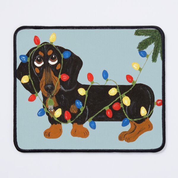 Item preview, Black and Tan Dachshund Tangled in Christmas Lights designed and sold by Squirreldumplings.
