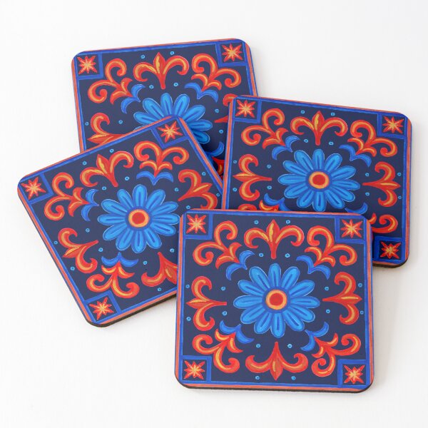 Item preview, Azulejo Florido – Blue & Red Folk Tile Art – Hand-Painted Floral Design - Atlantic Blue designed and sold by Piret Victoria Ribas.