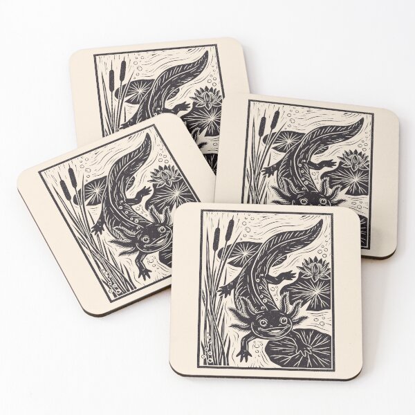 Item preview, Linocut Axolotl Lily Pad Pond Cottagecore Amphibian  designed and sold by Y-Vibes.