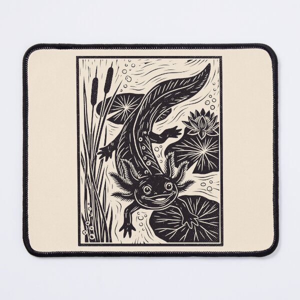 Item preview, Linocut Axolotl Lily Pad Pond Cottagecore Amphibian  designed and sold by Y-Vibes.