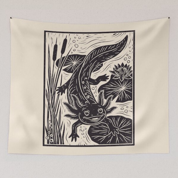 Item preview, Linocut Axolotl Lily Pad Pond Cottagecore Amphibian  designed and sold by Y-Vibes.