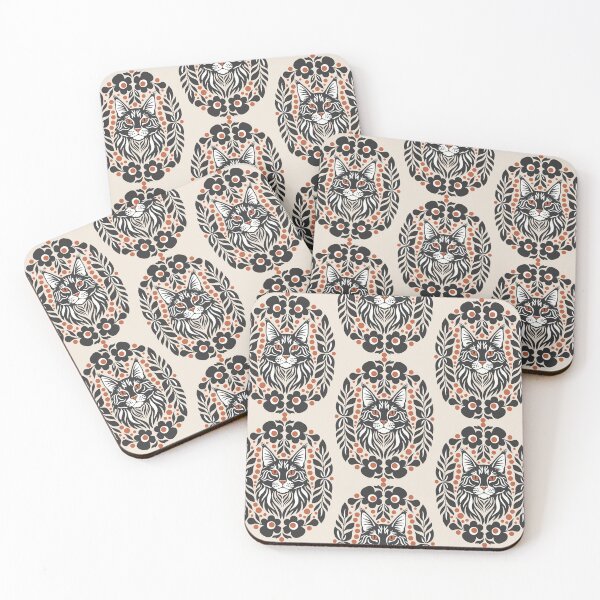 Item preview, Maine Coon Cat Dark Boho Scandi Folk Art Floral designed and sold by Cipher & Soul.