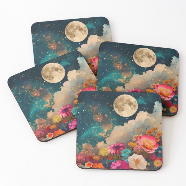 Item preview,  Abstract collage of a big explosion of colorful flowers over the night sky covered with stars, moon, and clouds. designed and sold by Soft Oddity.