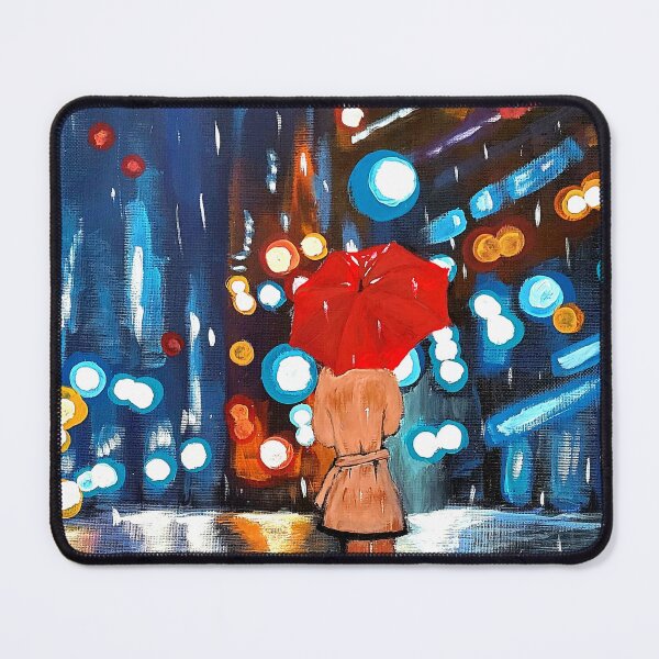 Item preview, Pretty Woman in the Rain — Bokeh City Night Art Print — Red Umbrella Wall Decor designed and sold by ArtByShoonya.