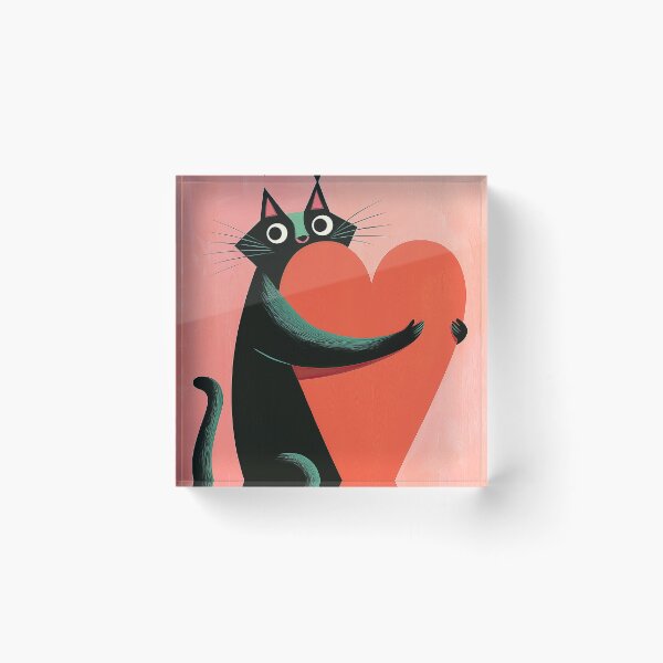 Item preview, Retro Midcentury Black Cat Hugging Heart Coral designed and sold by Bramble County Printworks.