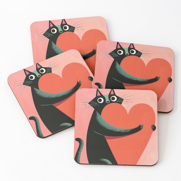 Item preview, Retro Midcentury Black Cat Hugging Heart Coral designed and sold by Bramble County Printworks.
