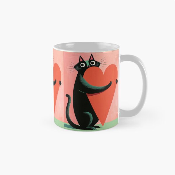 Item preview, Retro Midcentury Black Cat Hugging Heart Coral designed and sold by Bramble County Printworks.
