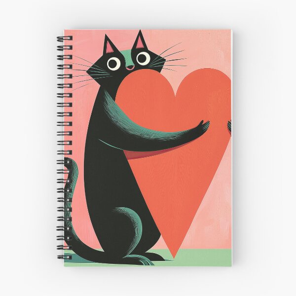 Item preview, Retro Midcentury Black Cat Hugging Heart Coral designed and sold by Bramble County Printworks.