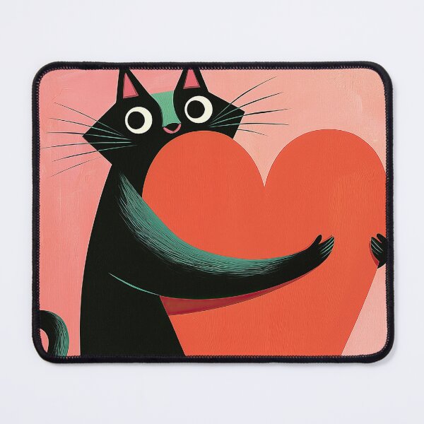Item preview, Retro Midcentury Black Cat Hugging Heart Coral designed and sold by Bramble County Printworks.