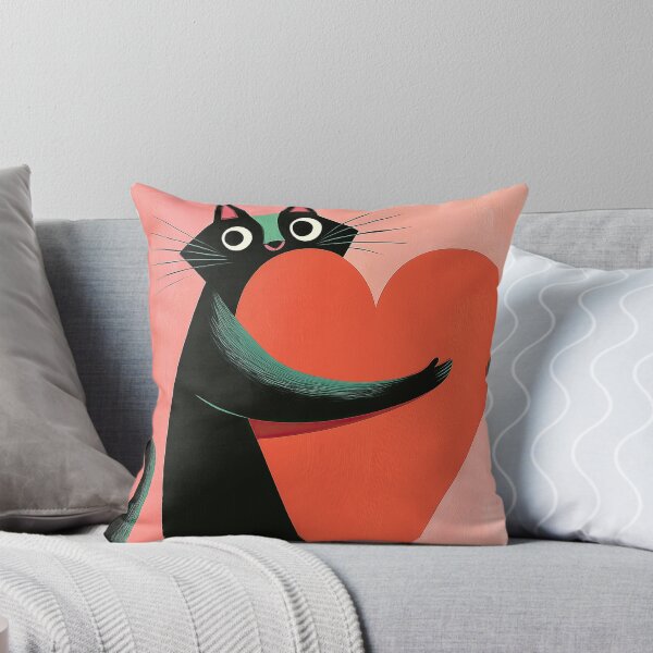 Item preview, Retro Midcentury Black Cat Hugging Heart Coral designed and sold by Bramble County Printworks.