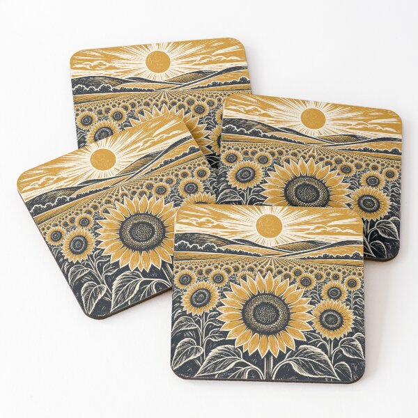 Item preview, Vintage Sunflower Field Linocut Landscape designed and sold by puredevn.