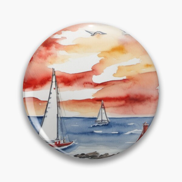 Item preview, Coastal Lighthouse with Sailboats Ocean Sunset Watercolor designed and sold by UmSkelig834.