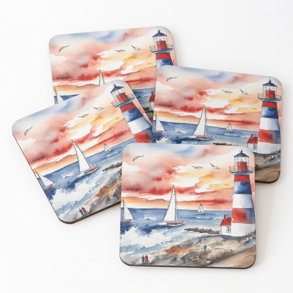 Item preview, Coastal Lighthouse with Sailboats Ocean Sunset Watercolor designed and sold by UmSkelig834.