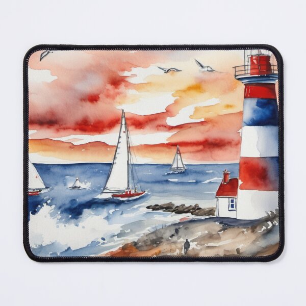 Item preview, Coastal Lighthouse with Sailboats Ocean Sunset Watercolor designed and sold by UmSkelig834.