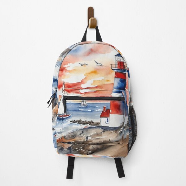 Item preview, Coastal Lighthouse with Sailboats Ocean Sunset Watercolor designed and sold by UmSkelig834.