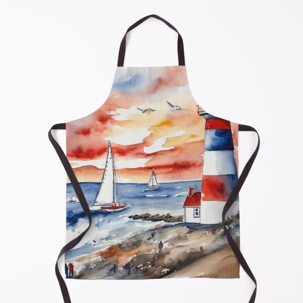 Item preview, Coastal Lighthouse with Sailboats Ocean Sunset Watercolor designed and sold by UmSkelig834.