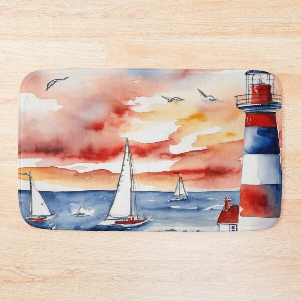 Item preview, Coastal Lighthouse with Sailboats Ocean Sunset Watercolor designed and sold by UmSkelig834.