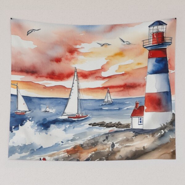 Item preview, Coastal Lighthouse with Sailboats Ocean Sunset Watercolor designed and sold by UmSkelig834.
