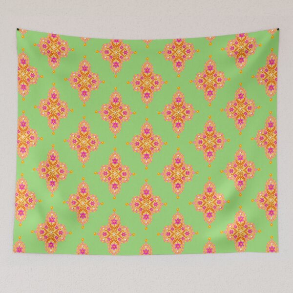 Item preview, Pink Floral Tile Seamless Indian Inspired Pattern with Lime Green Background designed and sold by PCaleDesigns.