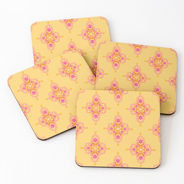 Item preview, Pink Floral Tile Seamless Indian Inspired Pattern with Soft Yellow Background designed and sold by PCaleDesigns.