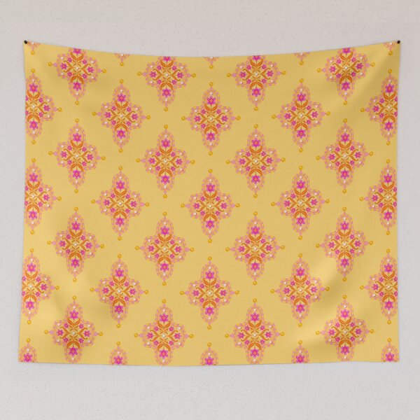 Item preview, Pink Floral Tile Seamless Indian Inspired Pattern with Soft Yellow Background designed and sold by PCaleDesigns.