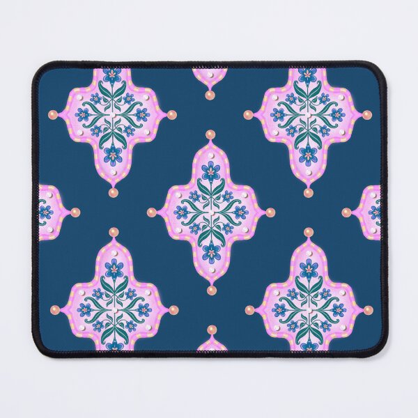 Item preview, Blue Violet Iris Floral Pink Tile in Seamless Indian Inspired Pattern with Slate Blue Navy Background designed and sold by PCaleDesigns.