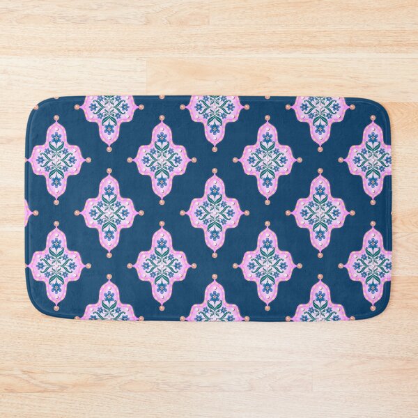 Item preview, Blue Violet Iris Floral Pink Tile in Seamless Indian Inspired Pattern with Slate Blue Navy Background designed and sold by PCaleDesigns.