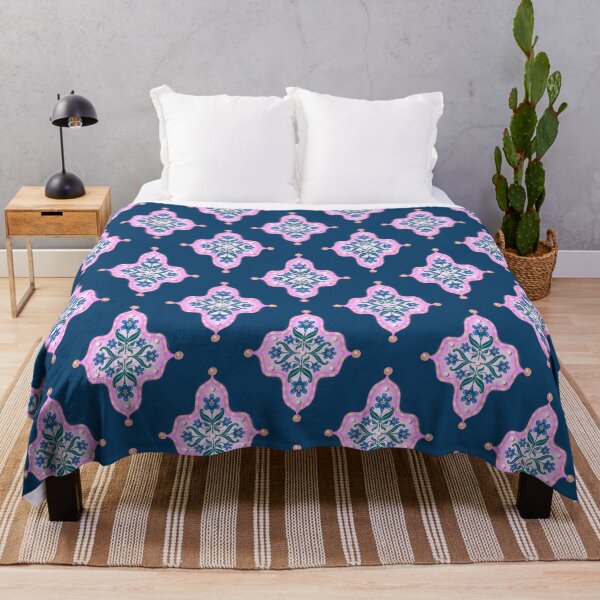 Item preview, Blue Violet Iris Floral Pink Tile in Seamless Indian Inspired Pattern with Slate Blue Navy Background designed and sold by PCaleDesigns.