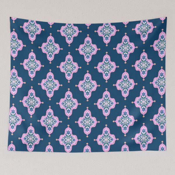 Item preview, Blue Violet Iris Floral Pink Tile in Seamless Indian Inspired Pattern with Slate Blue Navy Background designed and sold by PCaleDesigns.