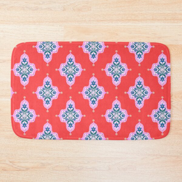 Item preview, Blue Violet Iris Floral Pink Tile in Seamless Indian Inspired Pattern with Hot Coral Orange Background designed and sold by PCaleDesigns.