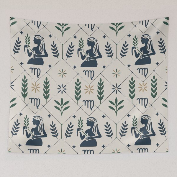 Item preview, Elegant Virgo Zodiac Botanical Seamless Pattern – Navy & Green Harvest designed and sold by Midnight Veil Designs.