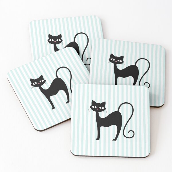 Item preview, Retro Black Cat with 60s Vibe on Blue Stripes designed and sold by The Retromotel.