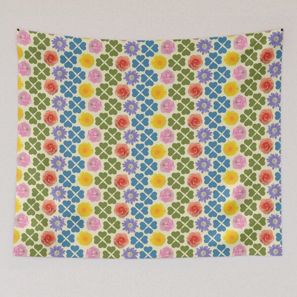 Item preview, Spring Flowers & Hearts Clusters Vertical Zig Zag Blue/Green on Cream designed and sold by Digitalmyth's Designs.