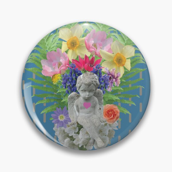Item preview, Angel with Flowers & Hearts on Dashed Vertical Stripe on Blue designed and sold by Digitalmyth's Designs.