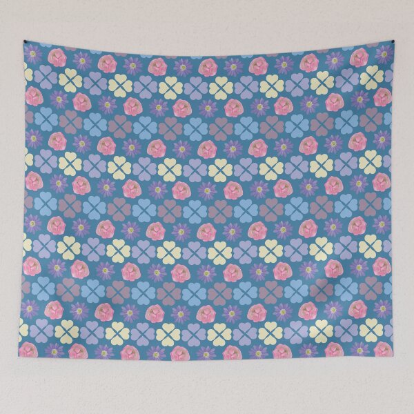 Item preview, Spring Flowers & Hearts Clusters Horizontal Stripes on Blue designed and sold by Digitalmyth's Designs.