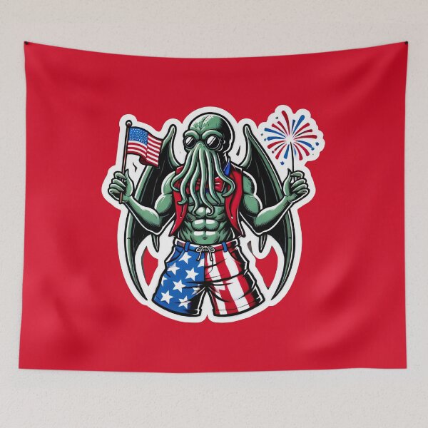 Item preview, Cthulhu Independence Day Patriotic American Flag Print designed and sold by PinUpPizzazz.