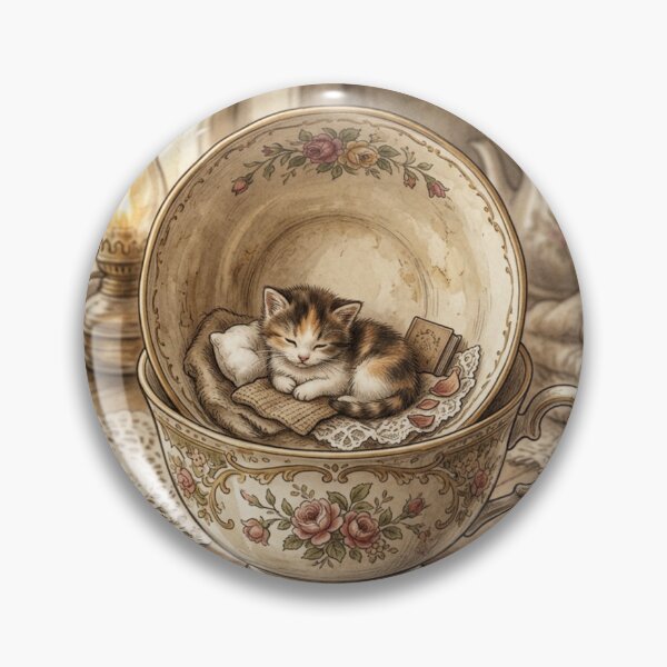 Item preview, Tiny Kitten in a Giant Tea Cup Vintage Miniature Illustration designed and sold by DuckOddity.