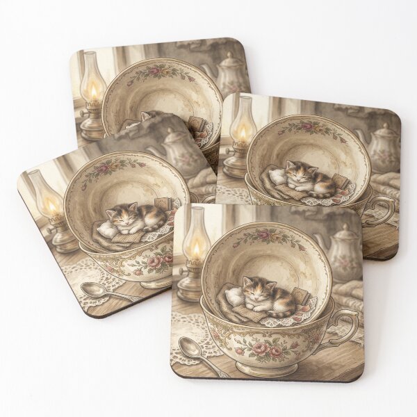 Item preview, Tiny Kitten in a Giant Tea Cup Vintage Miniature Illustration designed and sold by DuckOddity.