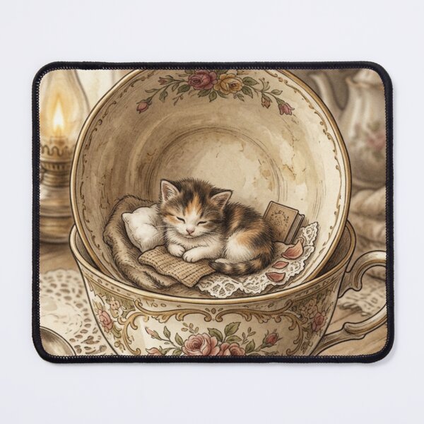 Item preview, Tiny Kitten in a Giant Tea Cup Vintage Miniature Illustration designed and sold by DuckOddity.