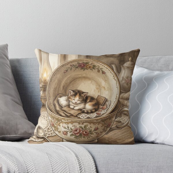 Item preview, Tiny Kitten in a Giant Tea Cup Vintage Miniature Illustration designed and sold by DuckOddity.