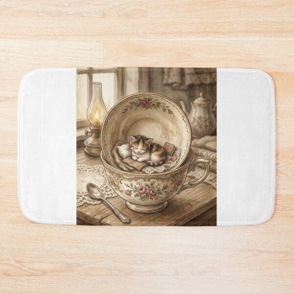 Item preview, Tiny Kitten in a Giant Tea Cup Vintage Miniature Illustration designed and sold by DuckOddity.